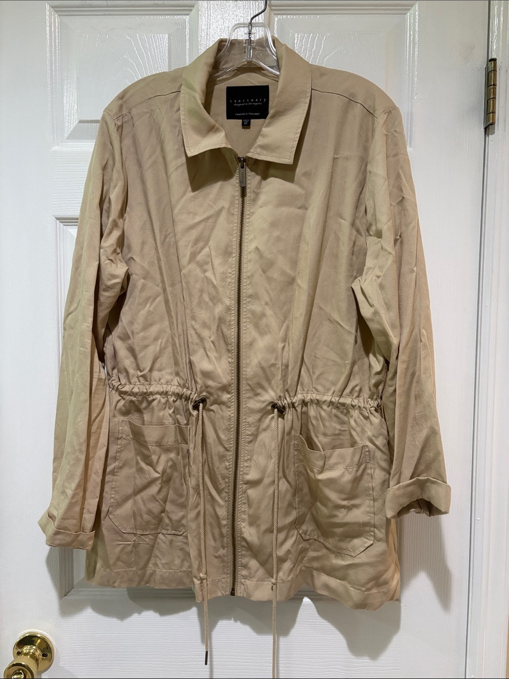 Sanctuary Beige Drawstring Zip Front Lightweight Jacket